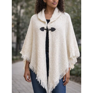 Altare Poncho Wrap Shawl Ivory Fringe Toggle OS Soft Cozy Boho Cape NWT